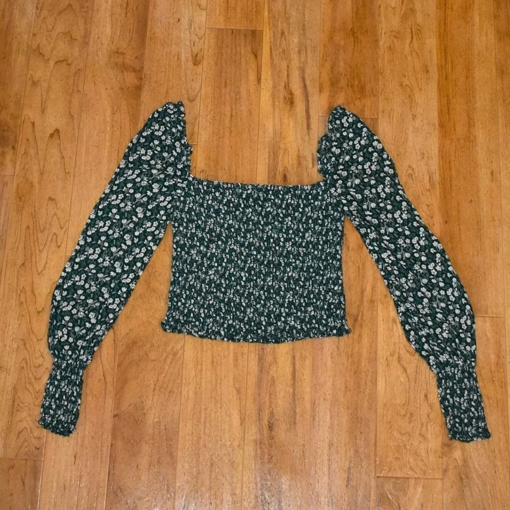 Reformation Smocked Floral Top Womens XS Green Excellent Puff Sleeve Square Neck